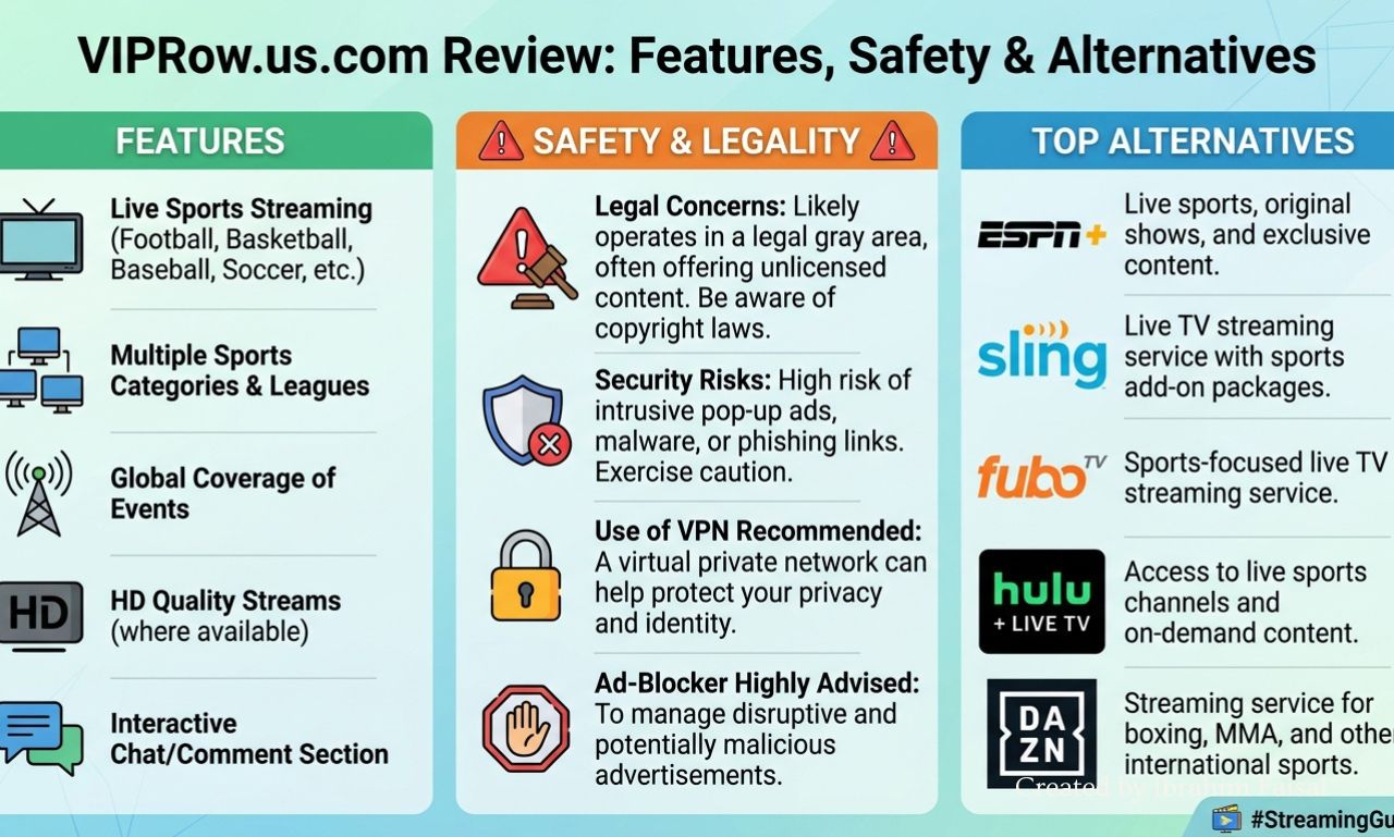 VIPRow.us.com sports streaming website displaying live sports categories and streaming options.