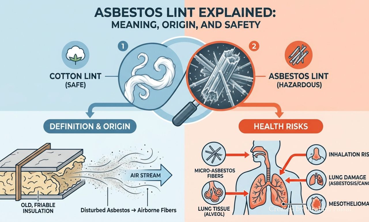 Industrial insulation material associated with the term asbestlint in a workplace environment.