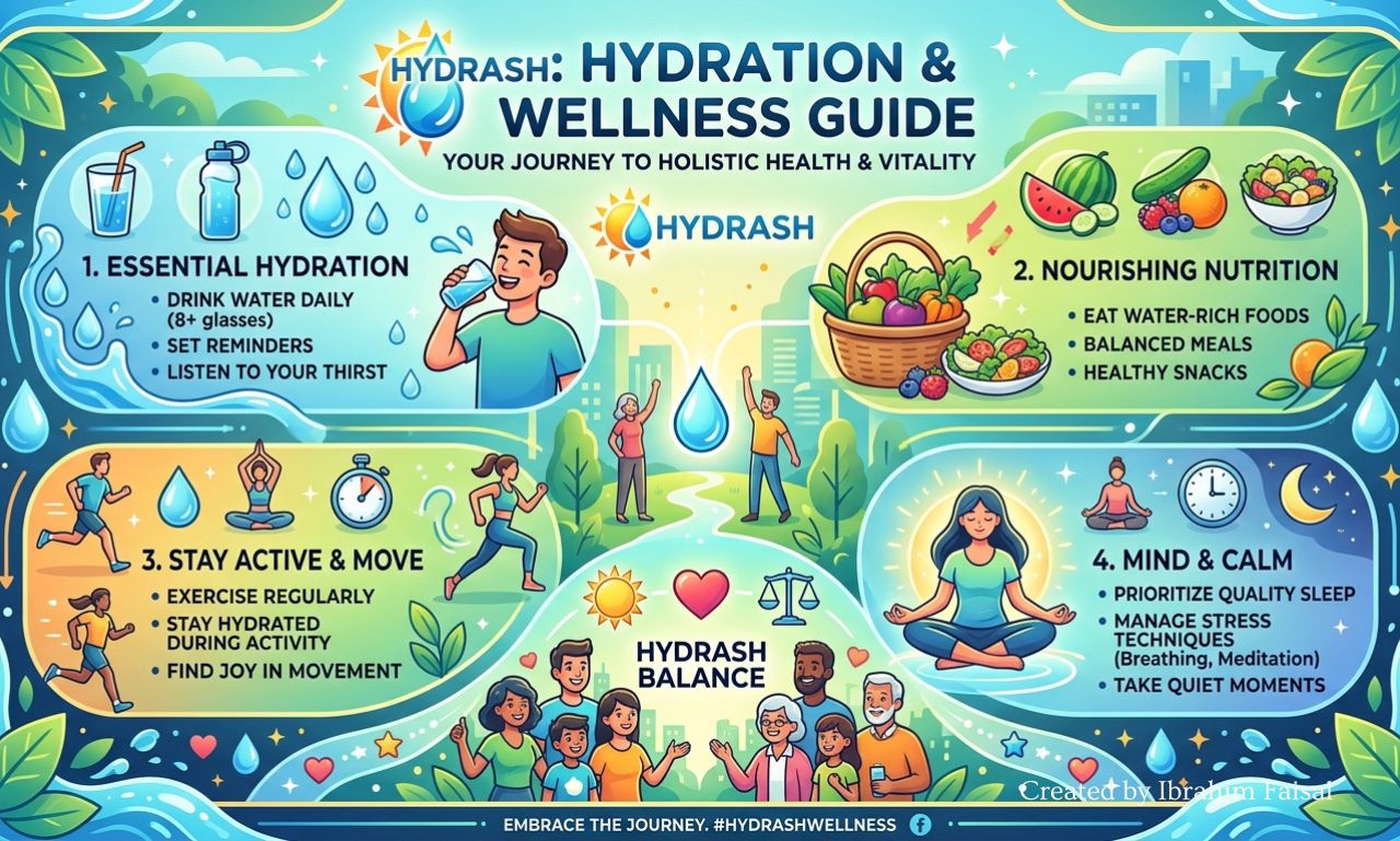 Hydrash hydration and wellness concept with water and health elements